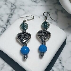 Elegant Silver and Blue Heart Earrings